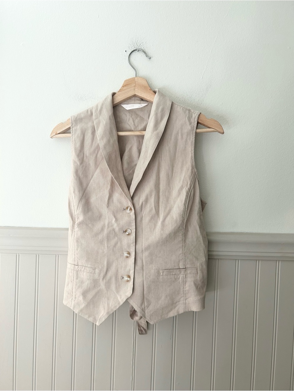 LC Lauren Conrad Beige Shawl-Collar Sleeveless Vest Waistcoat Small Linen Blend